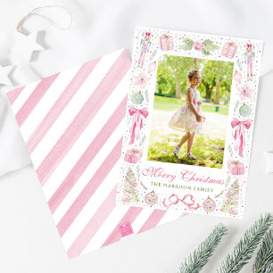 Watercolor Pink & Green Christmas Frame Photo Holiday Card