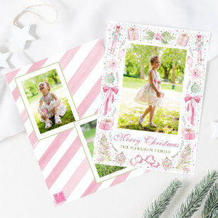 Watercolor Pink & Green Christmas Frame Photo Holiday Card