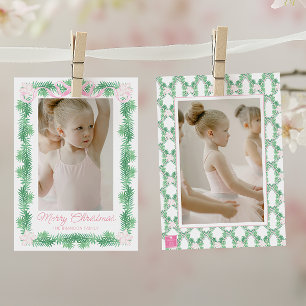 Watercolor Pink & Green Christmas Garland Photo Holiday Card