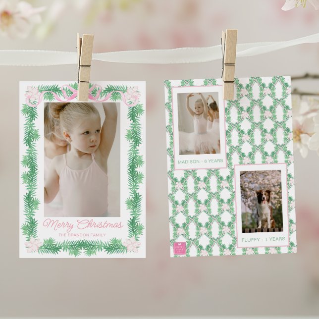 Watercolor Pink & Green Christmas Garland Photo Holiday Card (Creator Uploaded)