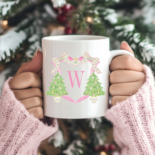 Watercolor Pink & Green Christmas Monogram Crest Two-Tone Coffee Mug