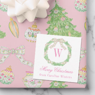 Watercolor Pink & Green Christmas Monogram Wreath Card