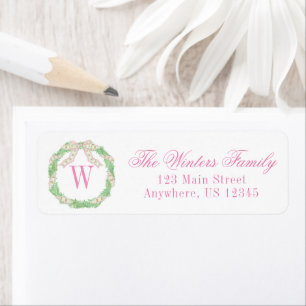 Watercolor Pink & Green Christmas Monogram Wreath Return Address Label