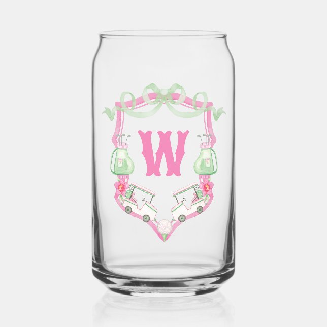 Watercolor Pink & Green Golf Cart Monogram Crest Can Glass (Front)