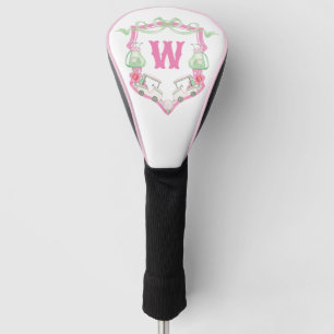 Watercolor Pink & Green Golf Cart Monogram Crest Head Cover