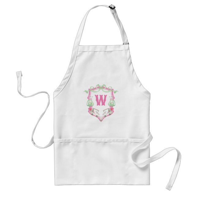 Watercolor Pink & Green Golf Cart Monogram Crest Standard Apron (Front)
