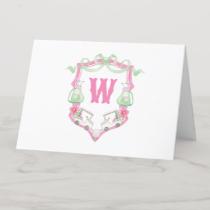 Watercolor Pink & Green Golf Cart Monogram Crest Thank You Card