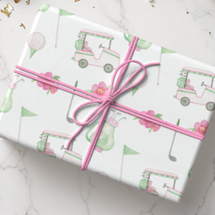 Watercolor Pink & Green Golf Cart Wrapping Paper