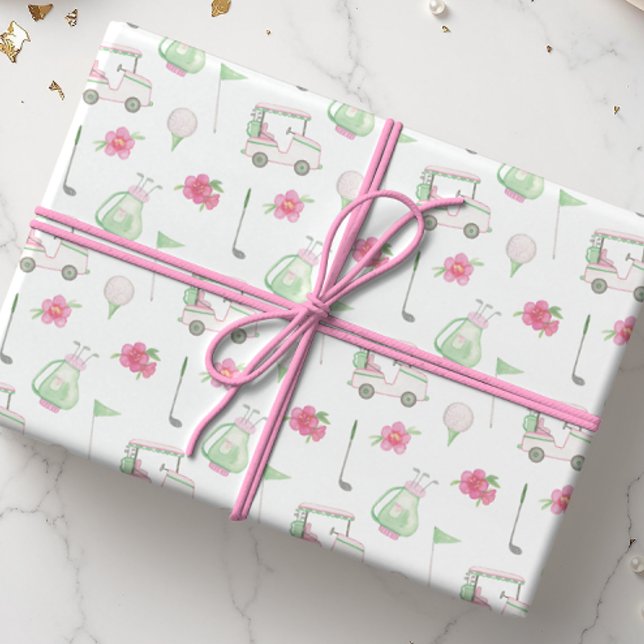 Watercolor Pink & Green Golf Cart Wrapping Paper (Creator Uploaded)