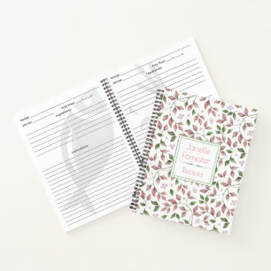 Watercolor Pink Green Leaves Monogrammed Notebook