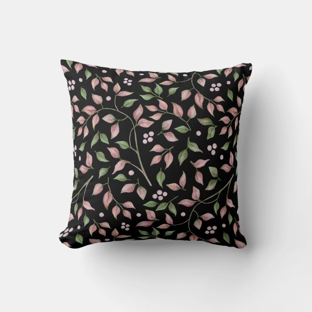 Watercolor Pink Green Leaves on Black | Cushion (Front)