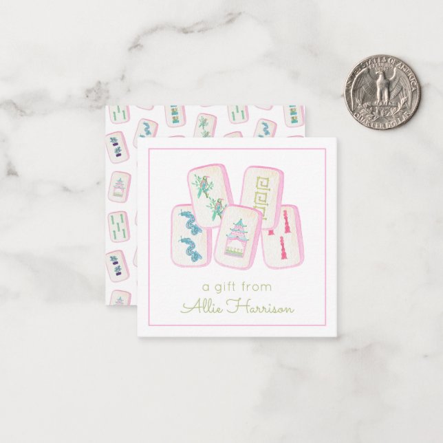 Watercolor Pink & Green Mahjong Tiles Enclosure Card (Front/Back In Situ)