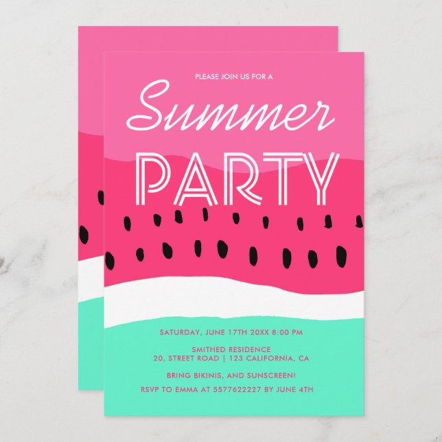 Watercolor pink green watermelon summer party invitation (Front/Back)