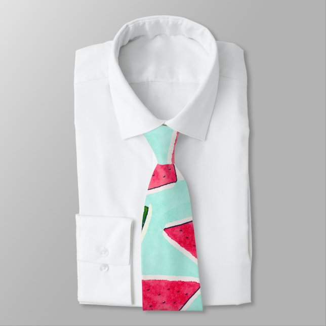Watercolor Pink Green Watermelon Triangles Tie (Tied)