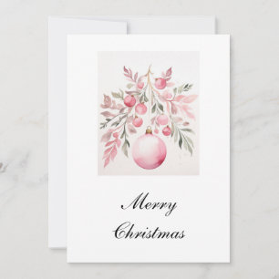 Watercolor Pink Greenery Bauble Christmas Card