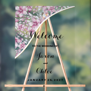 Watercolor pink grey botanical floral Welcome Acrylic Sign