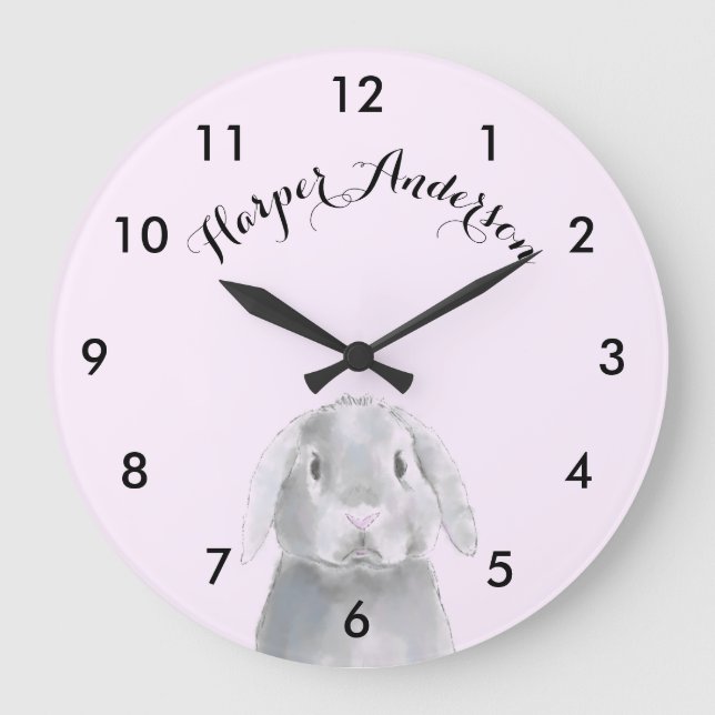 Watercolor Pink Grey Bunny Rabbit With Name Large Clock (Front)