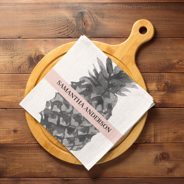 Watercolor Pink & Grey Pineapple | Your  Name Tea Towel (Creator Uploaded)