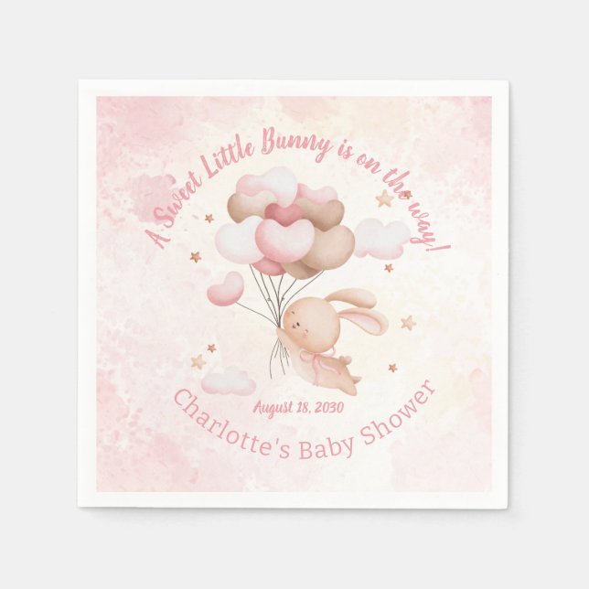 Watercolor Pink Heart balloons Bunny Baby Shower  Napkin (Front)