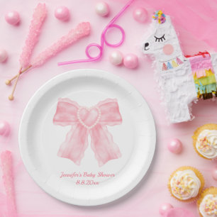 watercolor pink heart bow girl baby shower paper plate