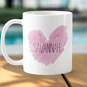 Watercolor Pink Heart Customisable Name Coffee Mug