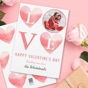 Watercolor Pink Heart Photo Valentine's Holiday Card