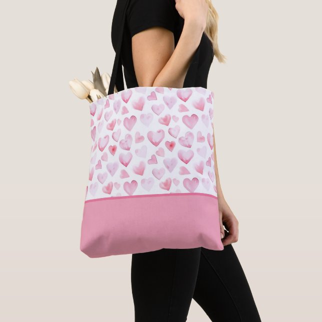 Watercolor Pink Heart Valentine Colour Block Botto Tote Bag (Close Up)