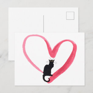 Watercolor pink heart with Chat Noir black cat Postcard