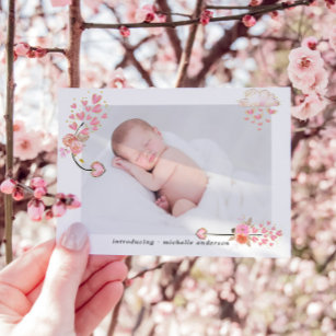 Watercolor Pink Hearts Baby Birth Announcement