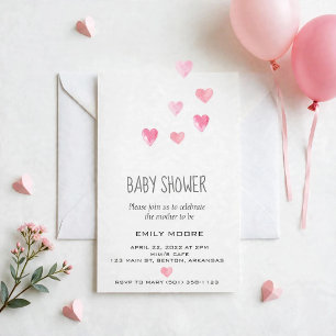 Watercolor pink hearts Minimalistic baby shower Invitation