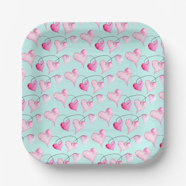 Watercolor Pink Hearts Paper Plate (Front)