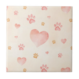 Watercolor Pink Hearts & Paw Prints Pattern Ceramic Tile