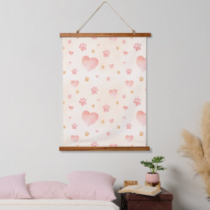 Watercolor Pink Hearts & Paw Prints Pattern Hanging Tapestry