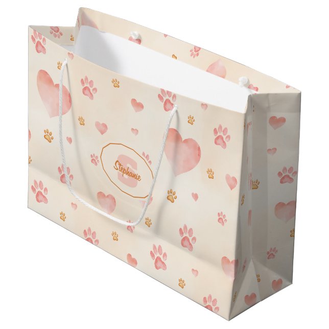 Watercolor Pink Hearts & Paw Prints Pattern Large Gift Bag (Front Angled)