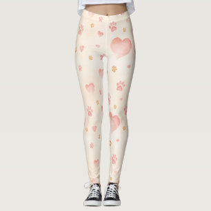 Watercolor Pink Hearts & Paw Prints Pattern Leggings