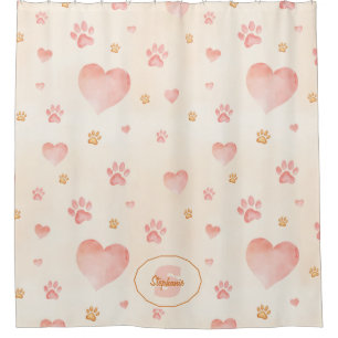 Watercolor Pink Hearts & Paw Prints Pattern Shower Curtain