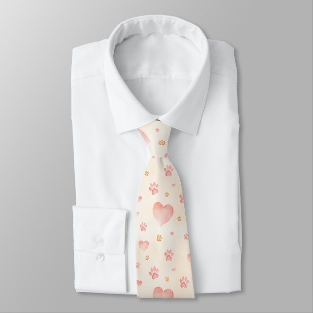 Watercolor Pink Hearts & Paw Prints Pattern Tie (Tied)