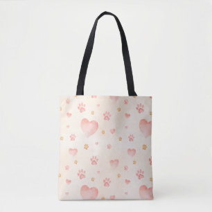 Watercolor Pink Hearts & Paw Prints Pattern Tote Bag