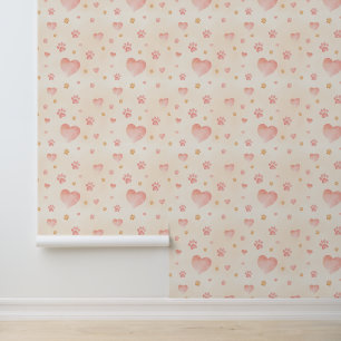 Watercolor Pink Hearts & Paw Prints Pattern Wallpaper