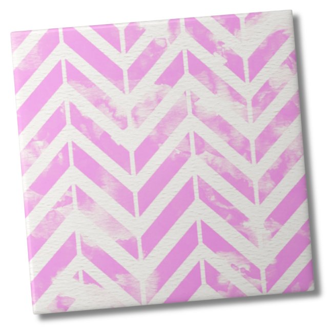 Watercolor Pink Herringbone Pattern Ceramic Tile (Trendy Rustic Pink Watercolor Herringbone Pattern Ceramic Tile)
