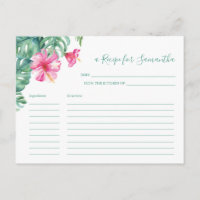 Watercolor Pink Hibiscus TropicaFloral Recipe Card