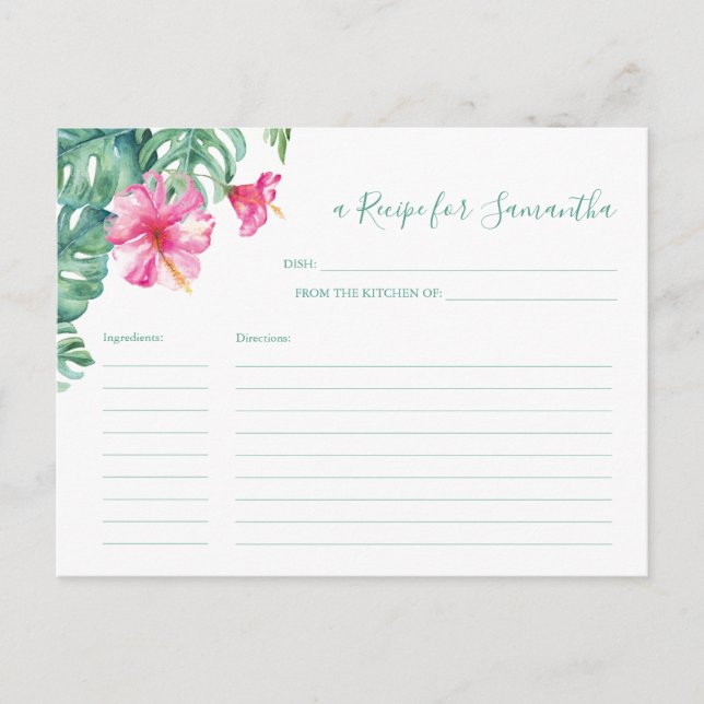 Watercolor Pink Hibiscus TropicaFloral Recipe Card (Front)
