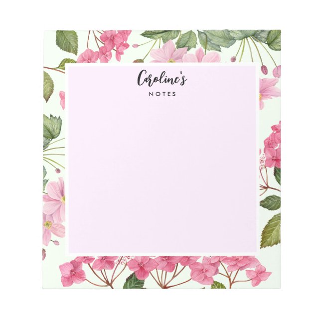 Watercolor Pink Hydrangea and Japanese Anemone Notepad (Front)