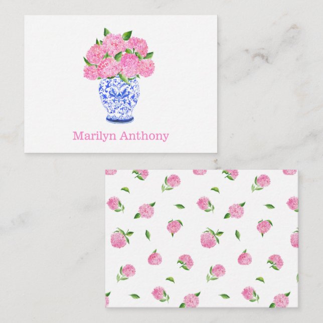 Watercolor Pink Hydrangea Chinoiserie Name Card (Front/Back)