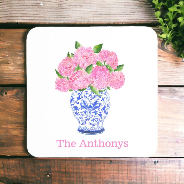 Watercolor Pink Hydrangea Chinoiserie Name Coaster (Creator Uploaded)