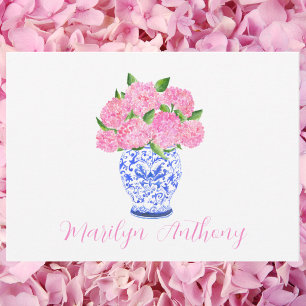 Watercolor Pink Hydrangea Chinoiserie Script Name Card