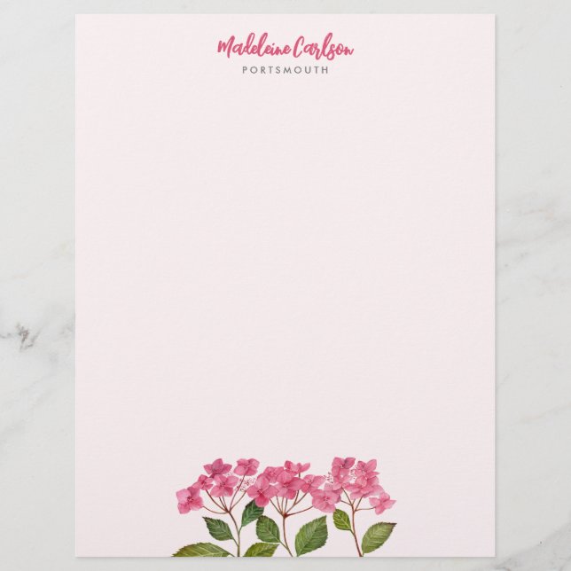 Watercolor Pink Hydrangea Lacecaps Floral Painting Custom Letterhead (Front)