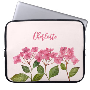 Watercolor Pink Hydrangea Lacecaps Flower Painting Laptop Sleeve