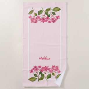Watercolor Pink Hydrangea Lacecaps Illustration Beach Towel
