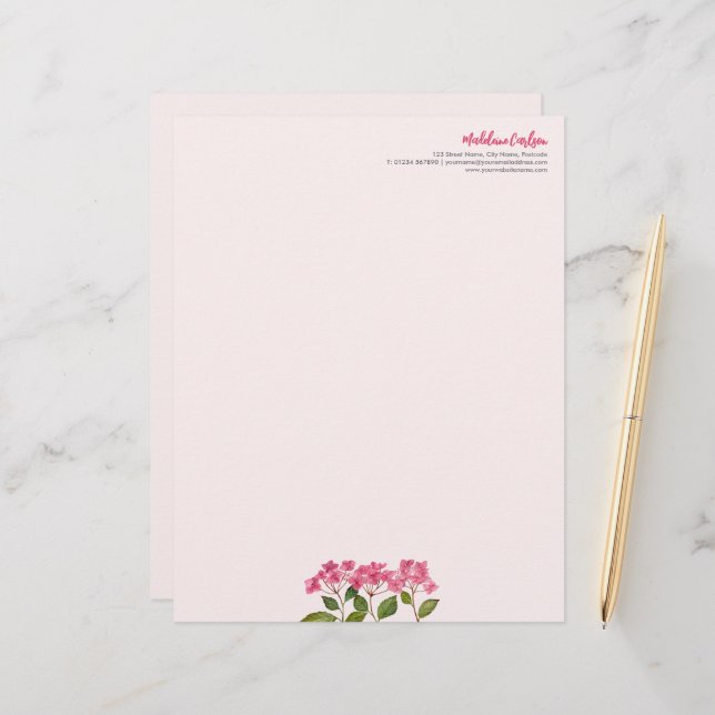 Watercolor Pink Hydrangea Lacecaps Illustration Custom Letterhead (Front/Back In Situ)